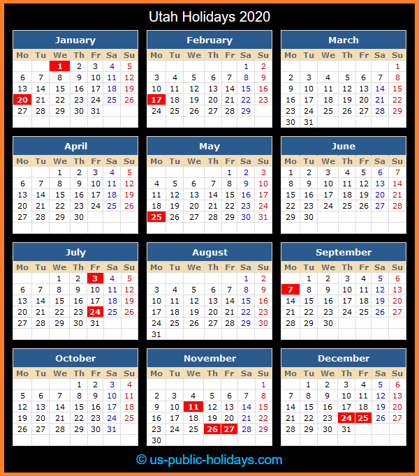 Utah Holiday Calendar 2020